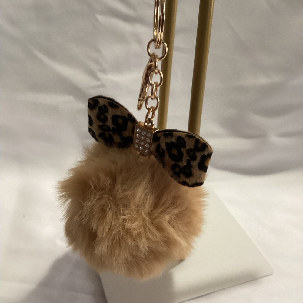 Leopard Print Bow Tan Pom Pom Keychain